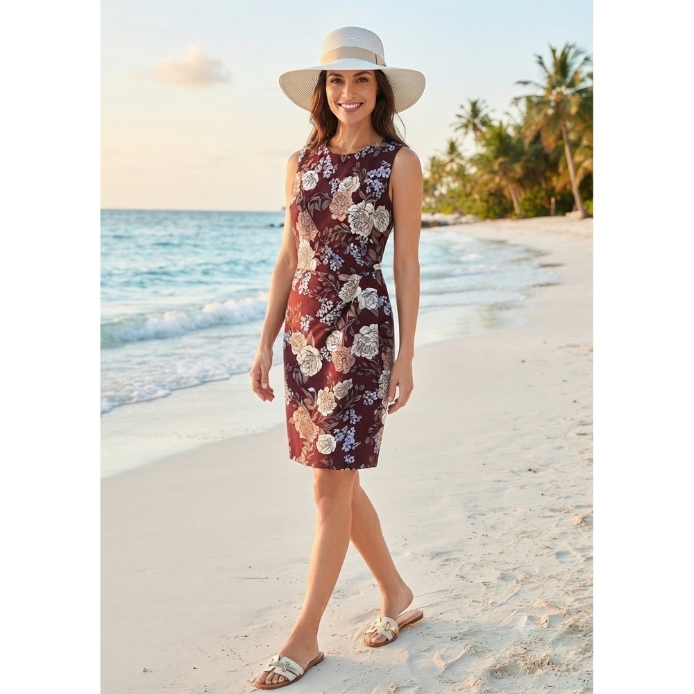 Ann Taylor tropical Floral Sleeveless summer Sheath Dress Size 2 NWT burgundy